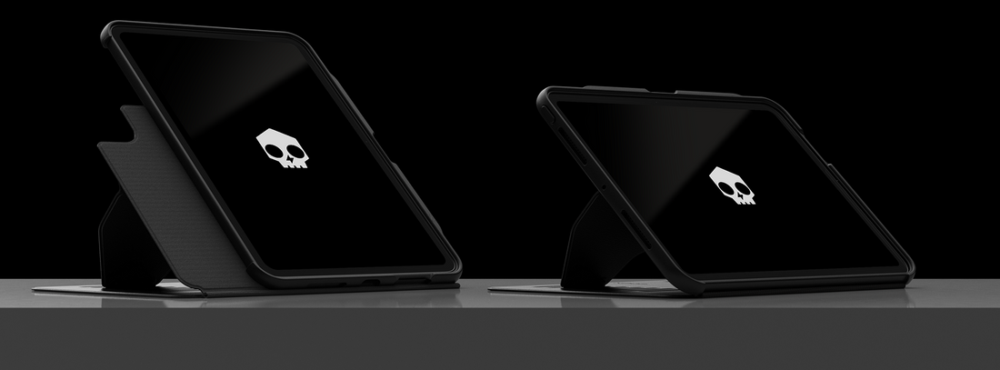 Two iPad Pro 11 models in ZUGU limited edition In Case of Death cases, one stands horizontally, the other vertically. A new feature for an iPad Case. Both iPads display skull icons on the screen