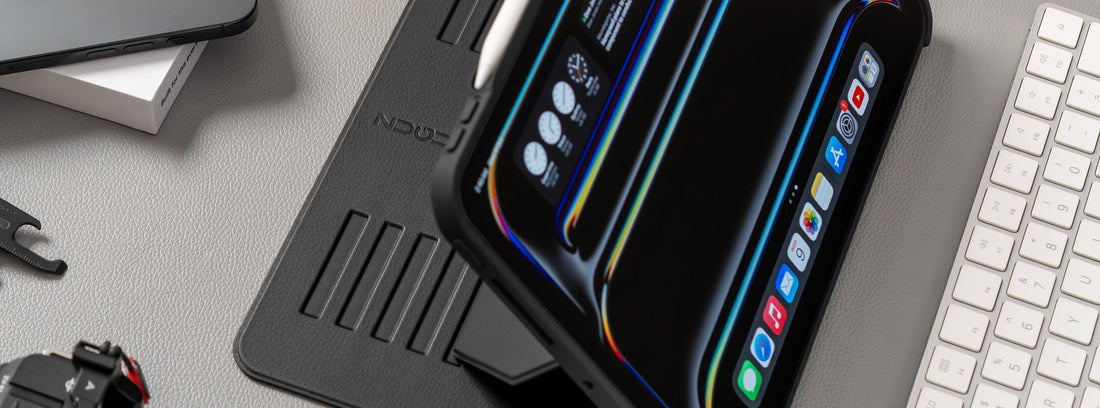 an iPad propped up in a black Zugu case showing the settings screen
