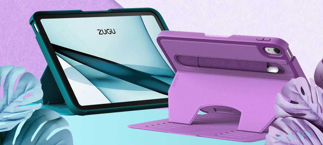 ZUGUs Aqua and Nova iPad cases surrounded by a colorful purple and blue background.
