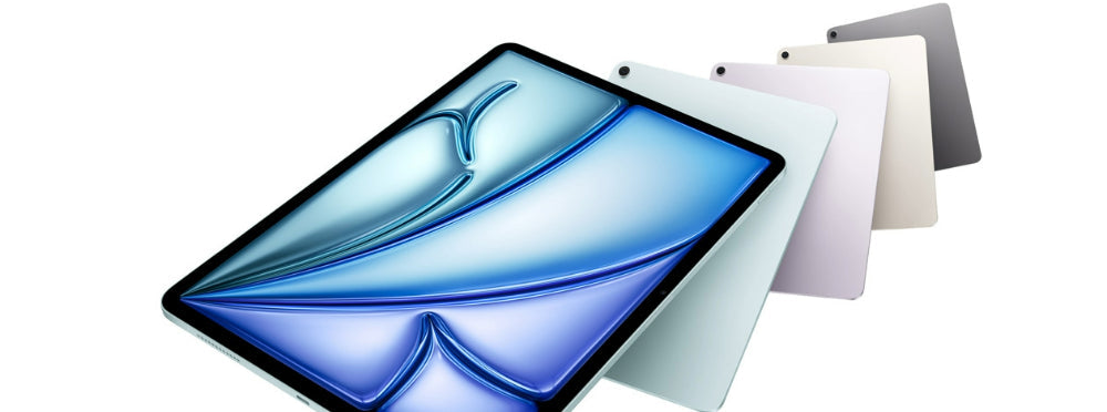 the new iPad Air M4 model in 4 different color shades, blue, purple, starlight and space gray